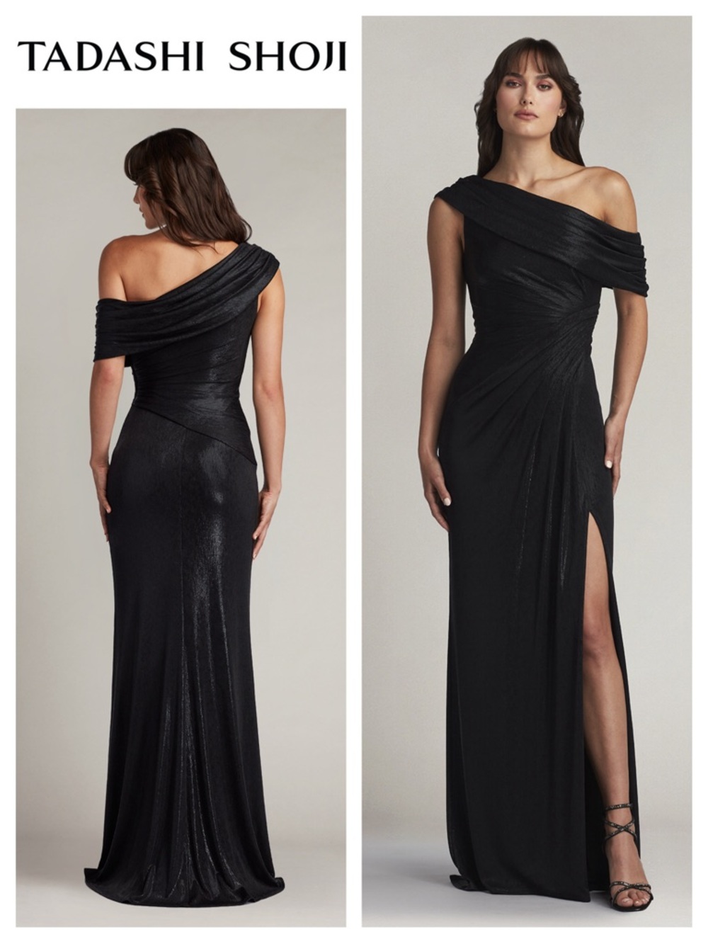 TADASHI SHOJI Leary Draped One-Shoulder Gown in Metallic Jersey